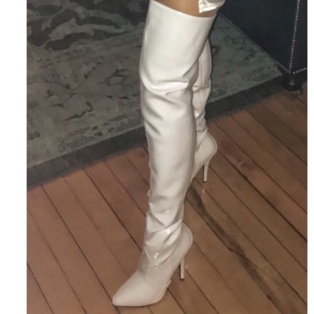 Thigh high white patent boots